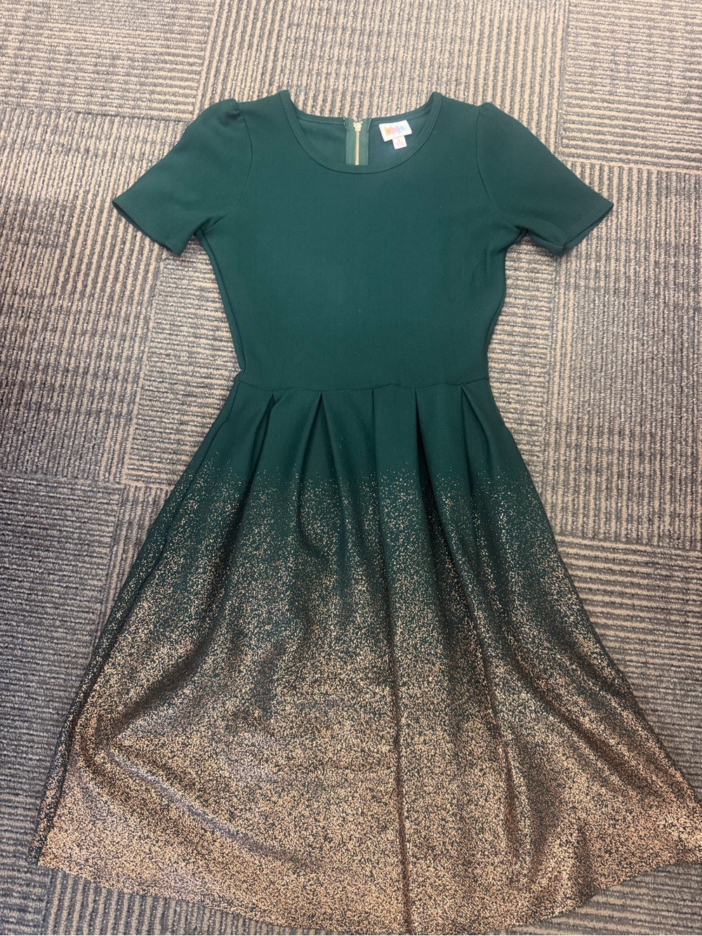 EUC LuLaRoe Elegant Amelia Emerald Green Dress Rose Gold Ombre Glitter